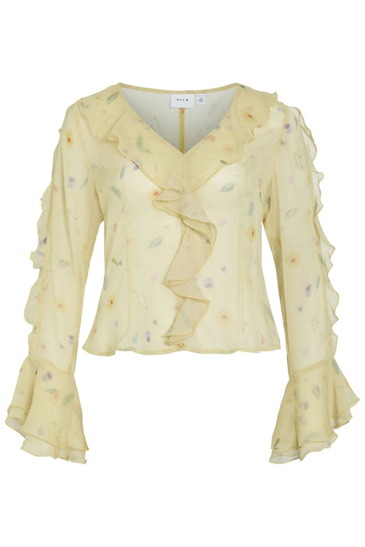 Vila - Viemmy L/S V-Neck Frill Top - 5002464 Pale Banana Flower Toppe 