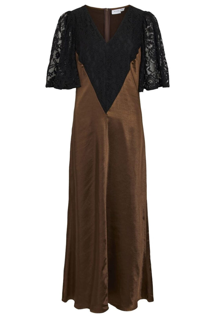 Vila - Vikabiha 2/4 Lace Detail Midi Dress - 4720263 Coffee Bean Black Lace