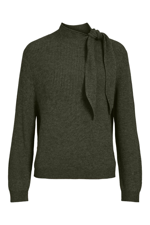 Vila - Viril Highneck L/S Tie Detail Knit-Noos - 5212698 Forest Night Dark Melange