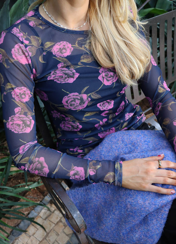 Liberte - Mesh Ls Tshirt 22065 - Navy Pink Rose